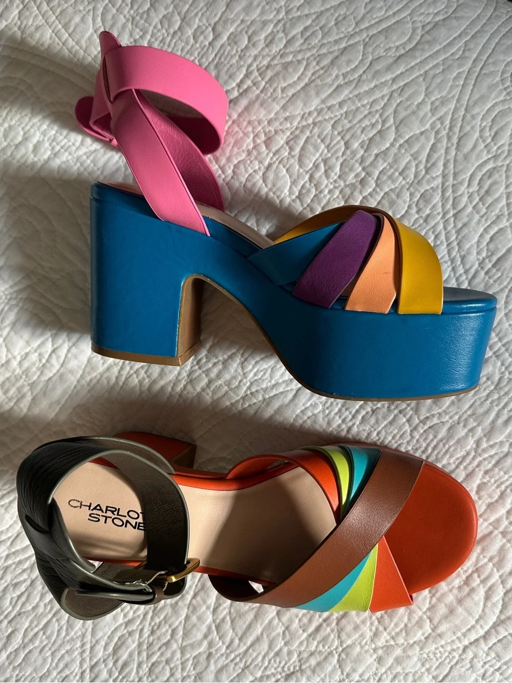 NWOB Charlotte Stone Rainbow Strap Colorblock Platform Sandals - Picture 3 of 6
